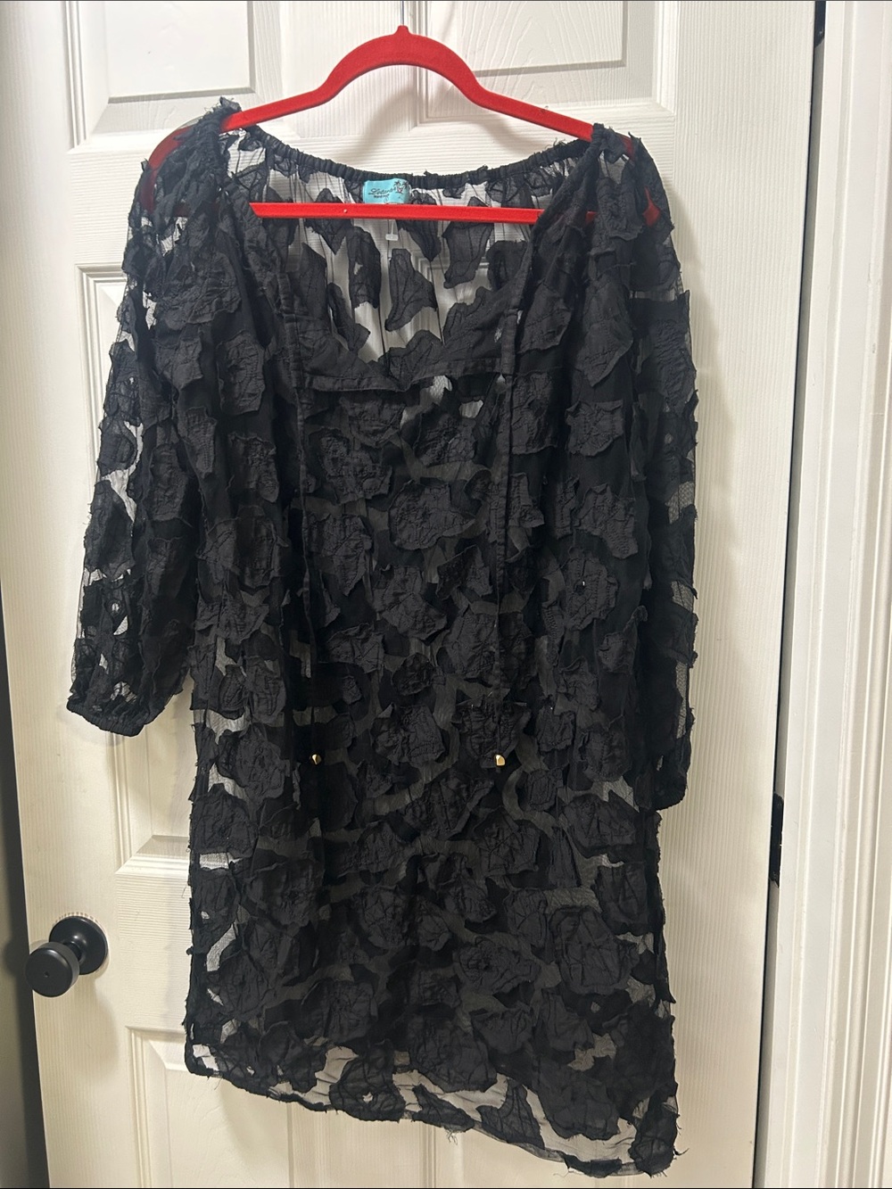 Black Floral Appliqué Long-Sleeve bathing suite cover up